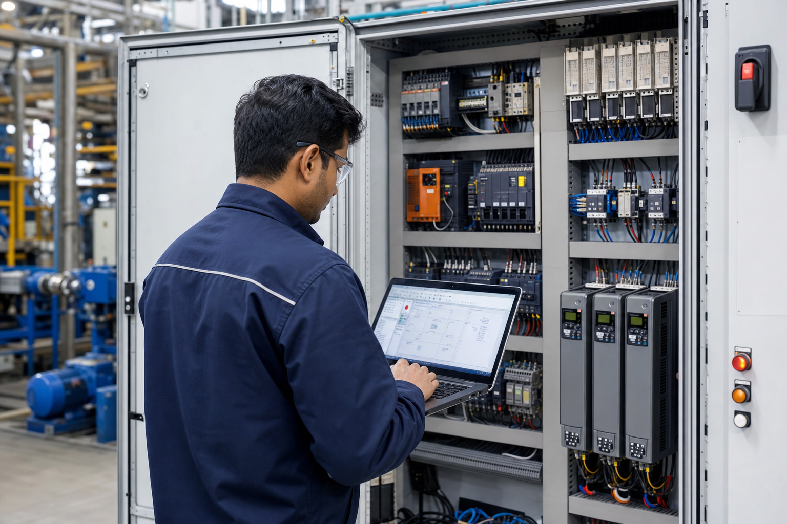 Engineer commissioning an industrial control panel