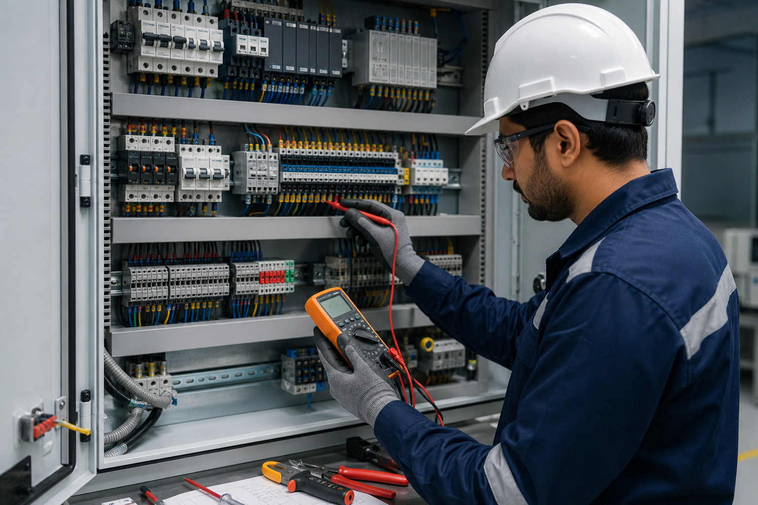Engineer validating an industrial control panel